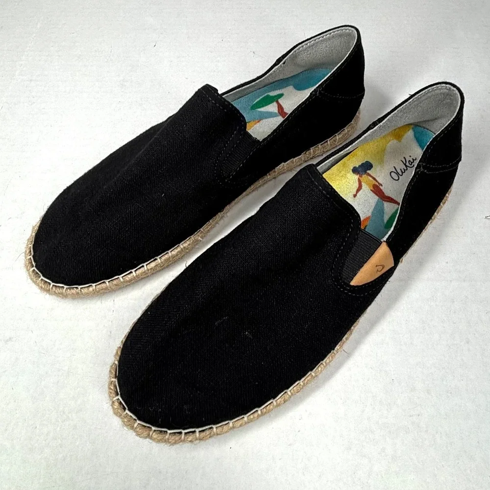 OluKai‎ Kaula Pa'a Kapa Black Espadrille Slip On Shoes Women's 8.5 EUR 38.5 EUC